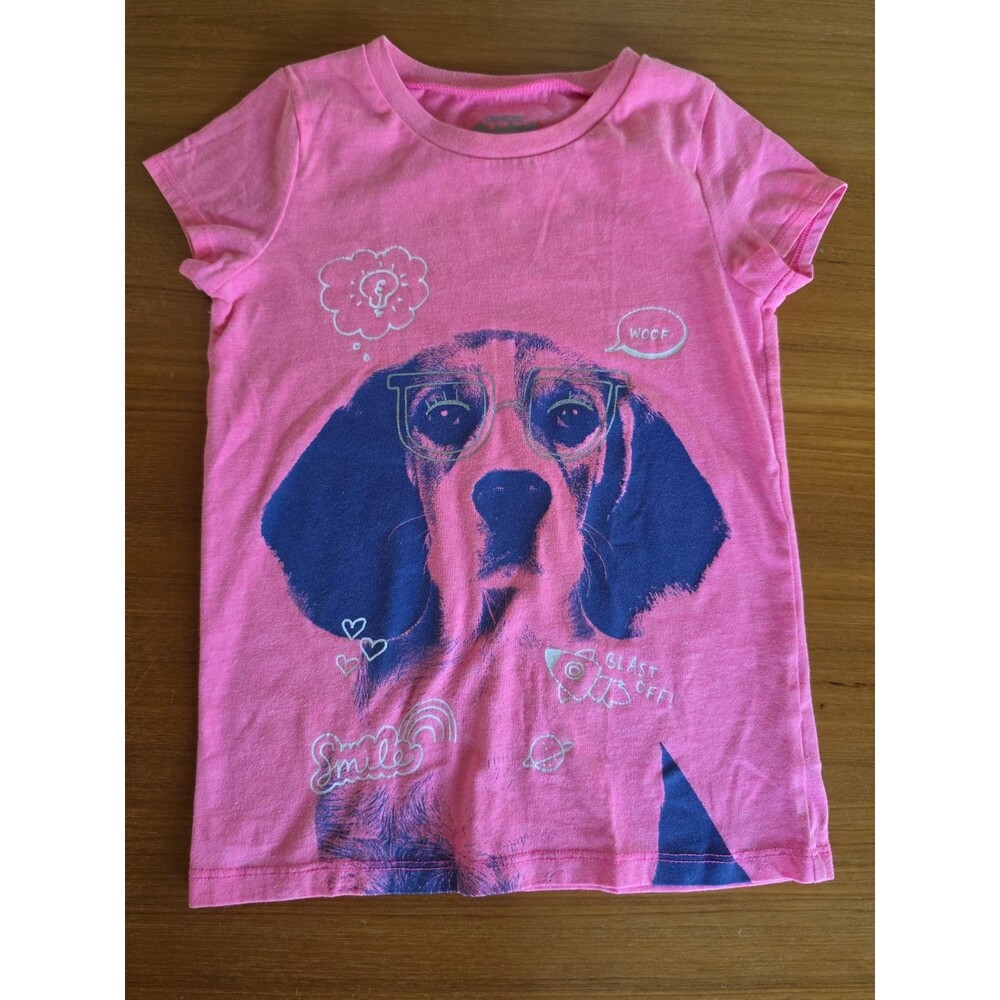 Oshkosh Girl's Dog With Glasses Pink T-shirt Size 6 USED